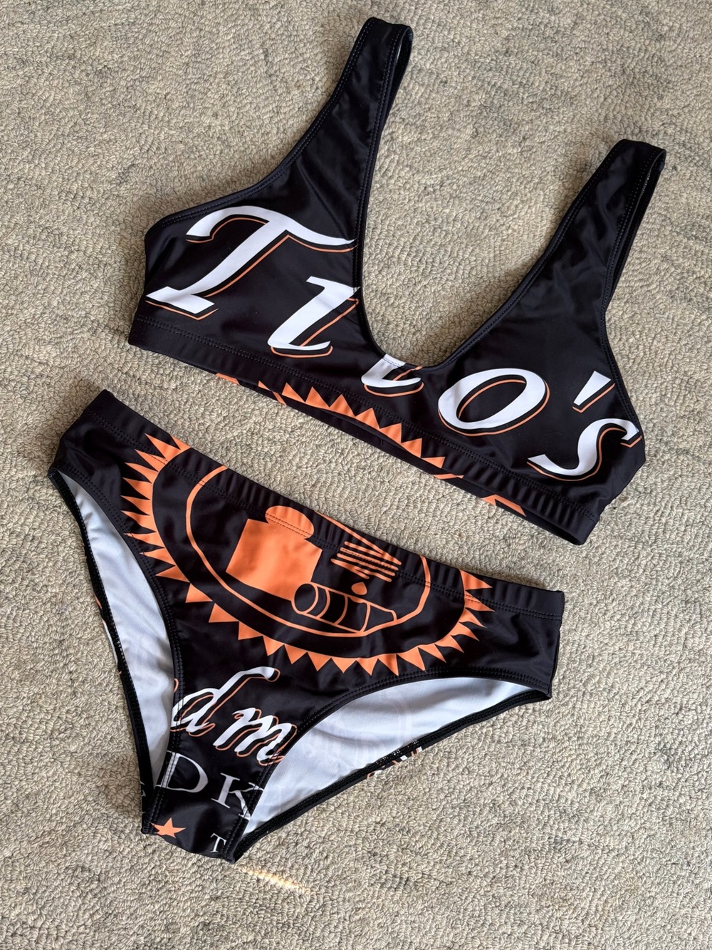 Tito’s Vodka Graphic Print High Waisted Bikini Set Black Orange XL